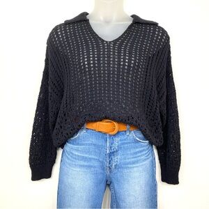 Cotton On NWT Open Knit Crochet Top Black Collared V Neck Size S